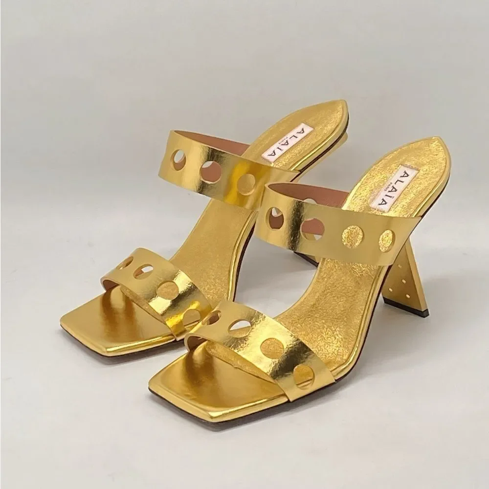 Alaia Perforated Metallic Square Toe Mules Sandal size 40.5